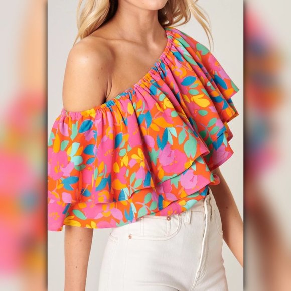 Small - SUGARLIPS Fruity Floral Charmer One Shoulder Blouse - Picture 4 of 4